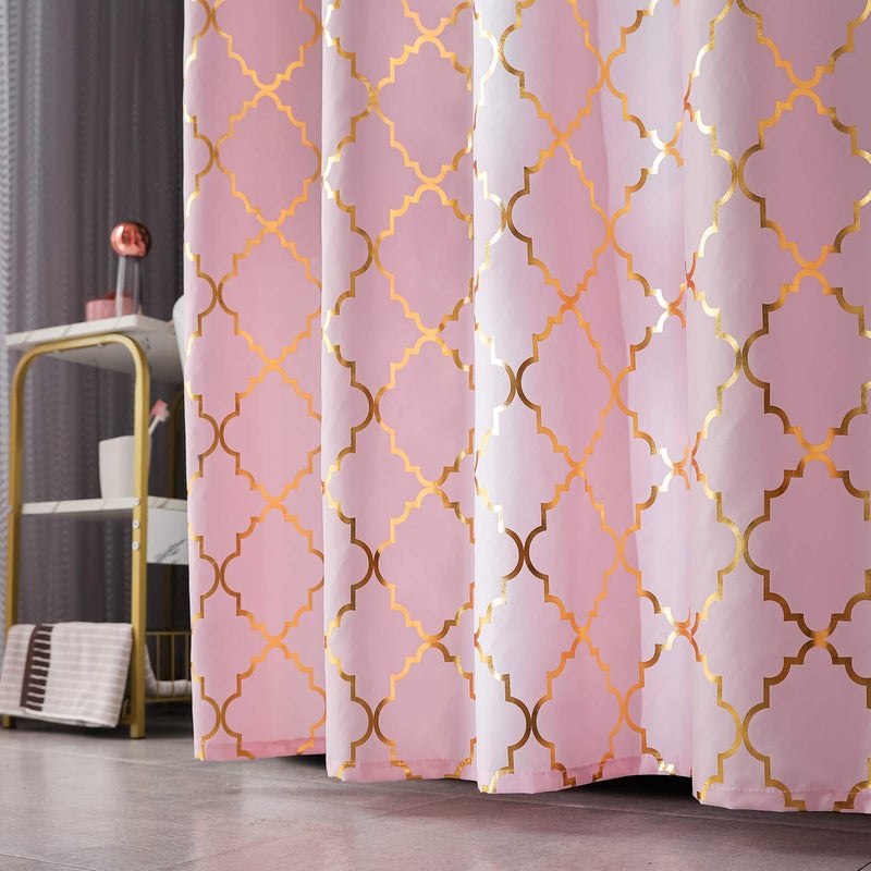 FINECITY Geometric Shower Curtain Set - Metallic Gold Foil Moroccan Lattice Pattern Printed on Soft Fabric Grommet Top Shower Curtain with 12 Hooks, 72 x 72 Inch, Pink and Gold - Image 3
